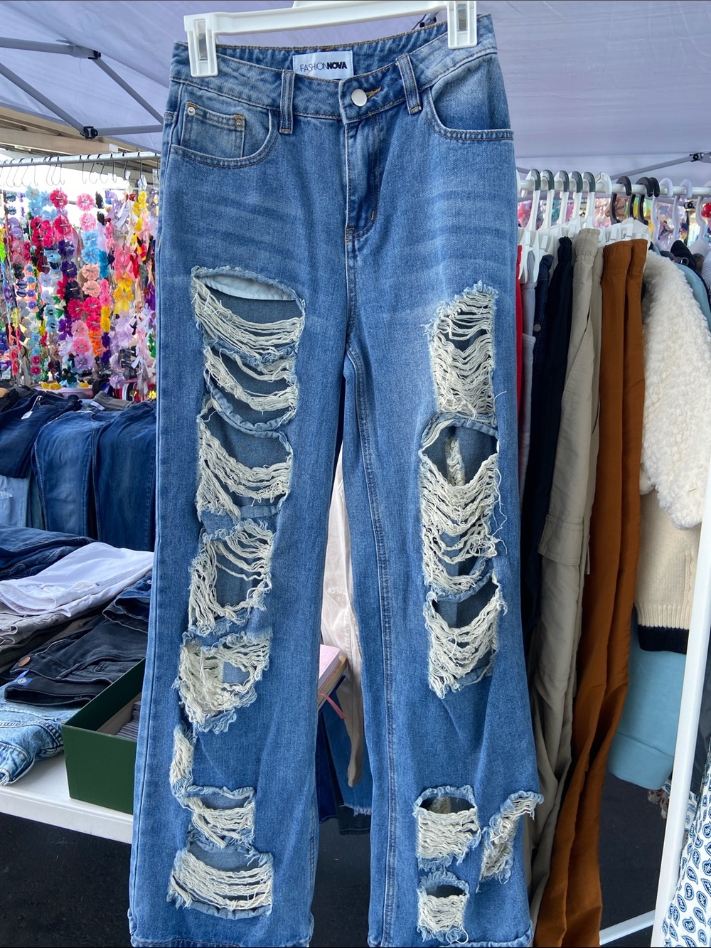 Fashion Nova Blue Distressed Wide Leg Jeans